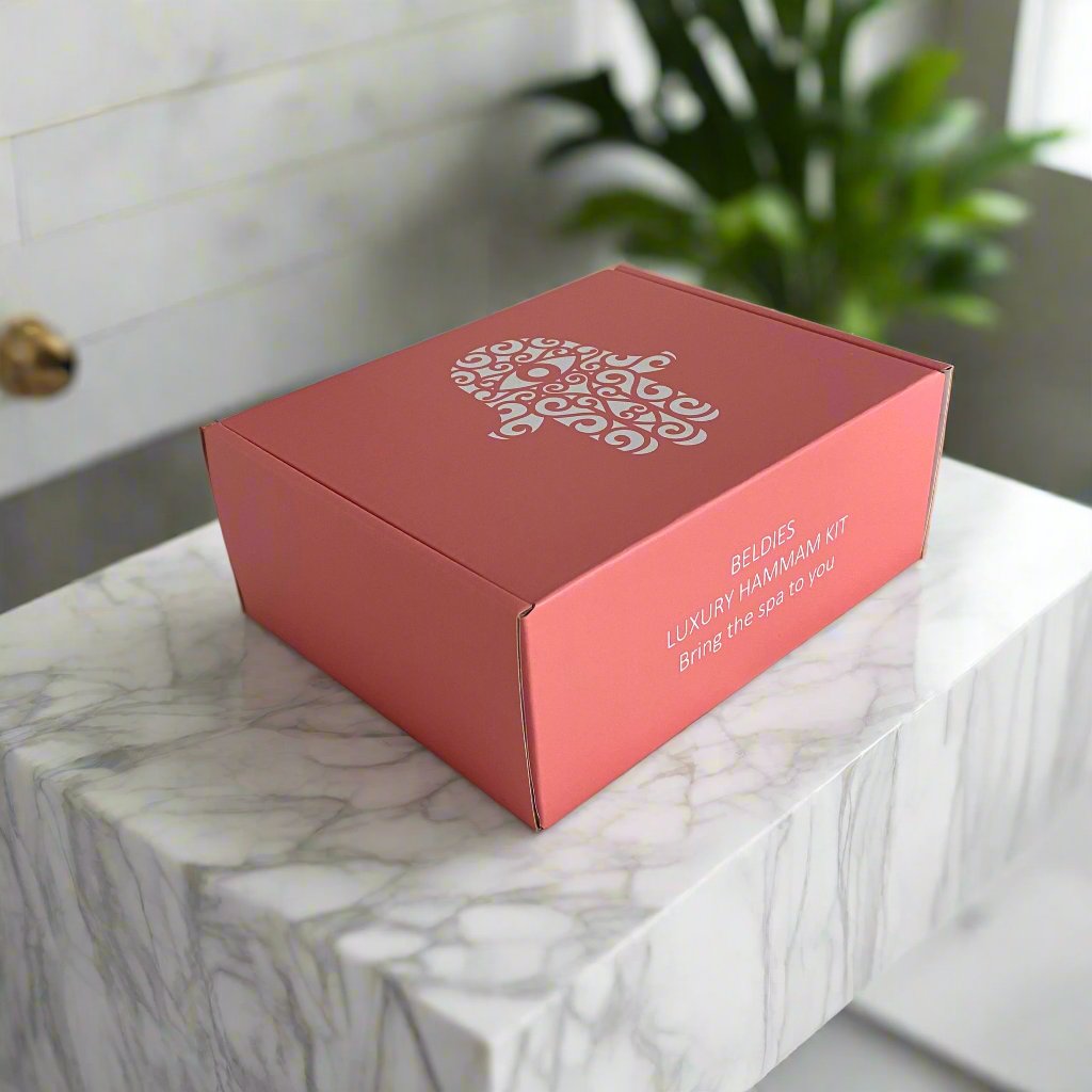 Side view of Beldies Moroccan Hammam Kit