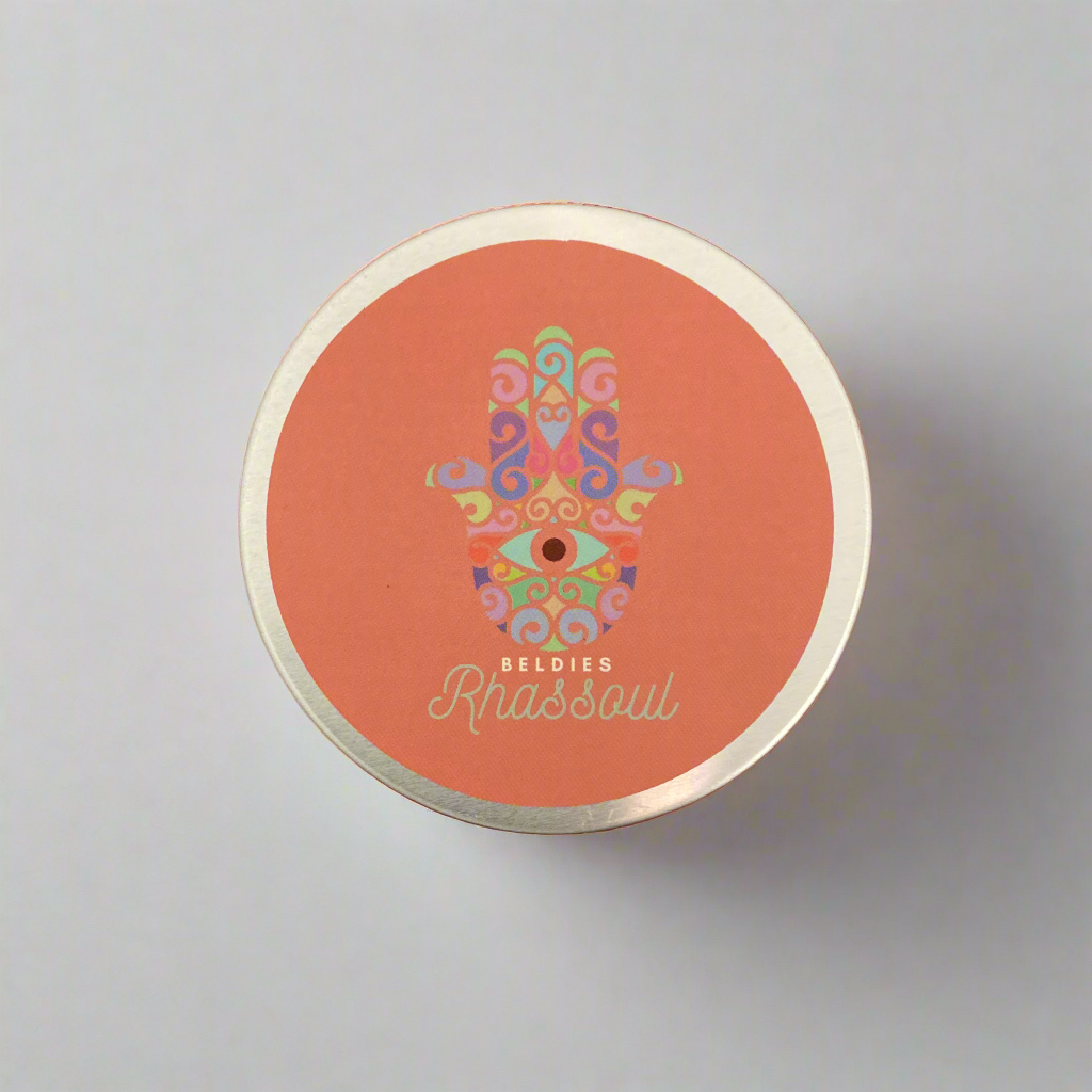 Beldies Rhassoul clay jar sealed, containing premium, all-natural clay, known for its detoxifying and skin-nourishing benefits.
