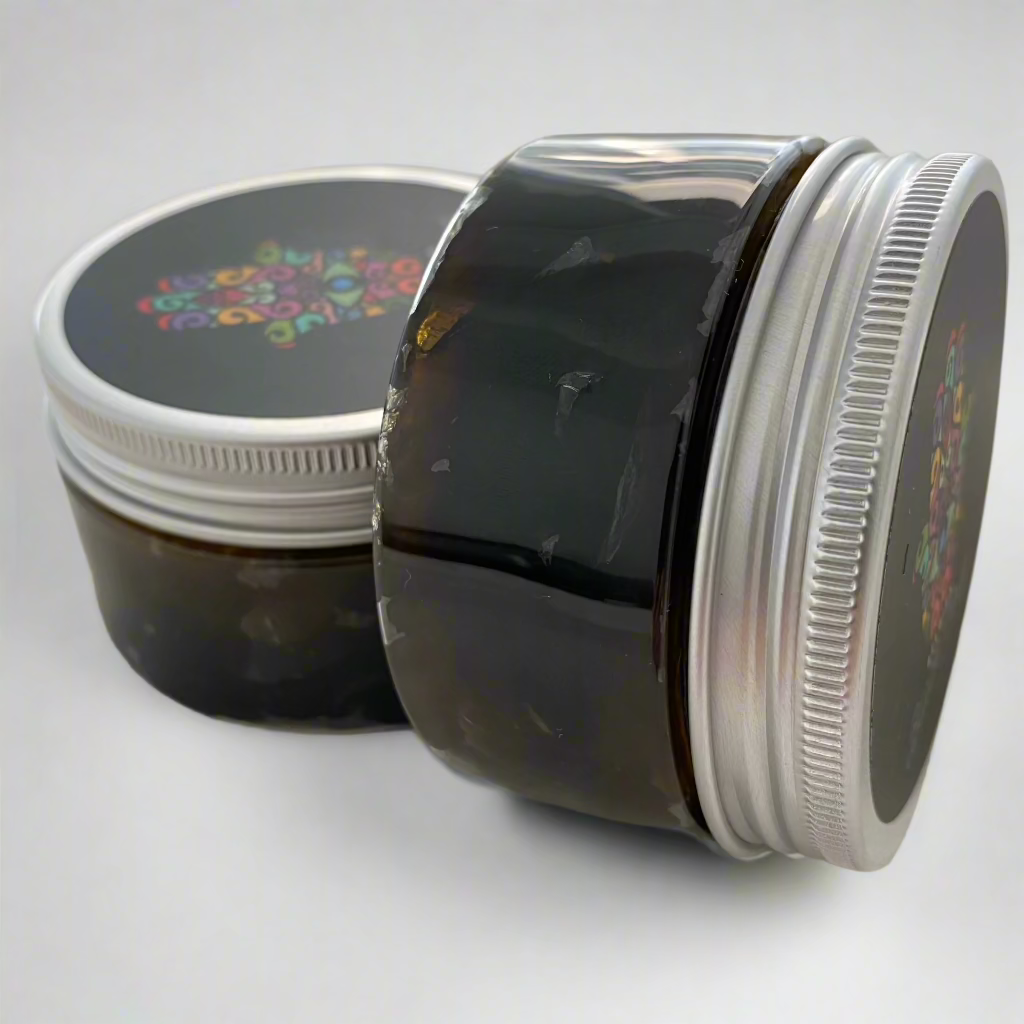 Jar of authentic beldi black soap with a smooth, dark texture, made from natural olive paste, perfect for gentle exfoliation and deep cleansing as part of a traditional Moroccan hammam ritual.