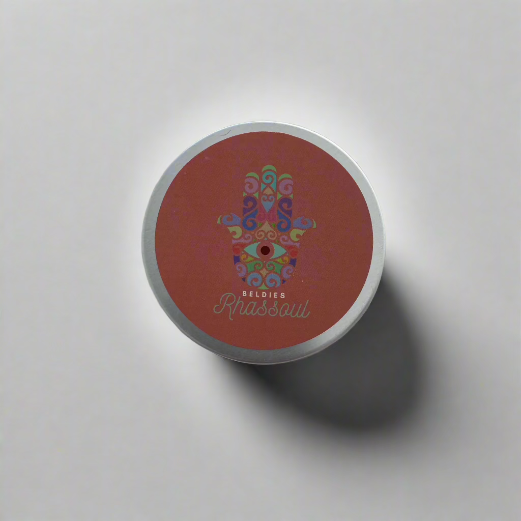 Beldies Rhassoul clay jar sealed, containing premium, all-natural clay, known for its detoxifying and skin-nourishing benefits.