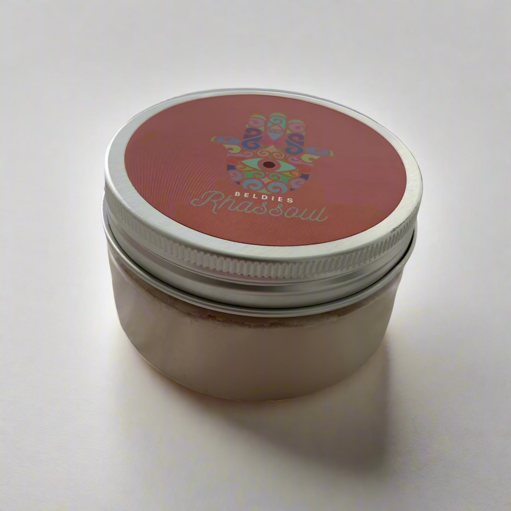 Beldies Rhassoul clay jar sealed, containing premium, all-natural clay, known for its detoxifying and skin-nourishing benefits.